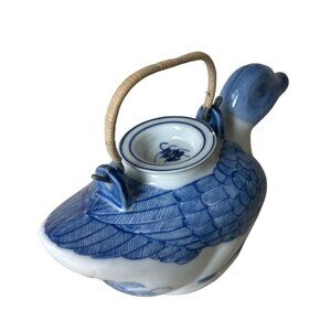 Chinese VTG Teapot Hand Painted Blue White Duck Wrapped Handle With Lid